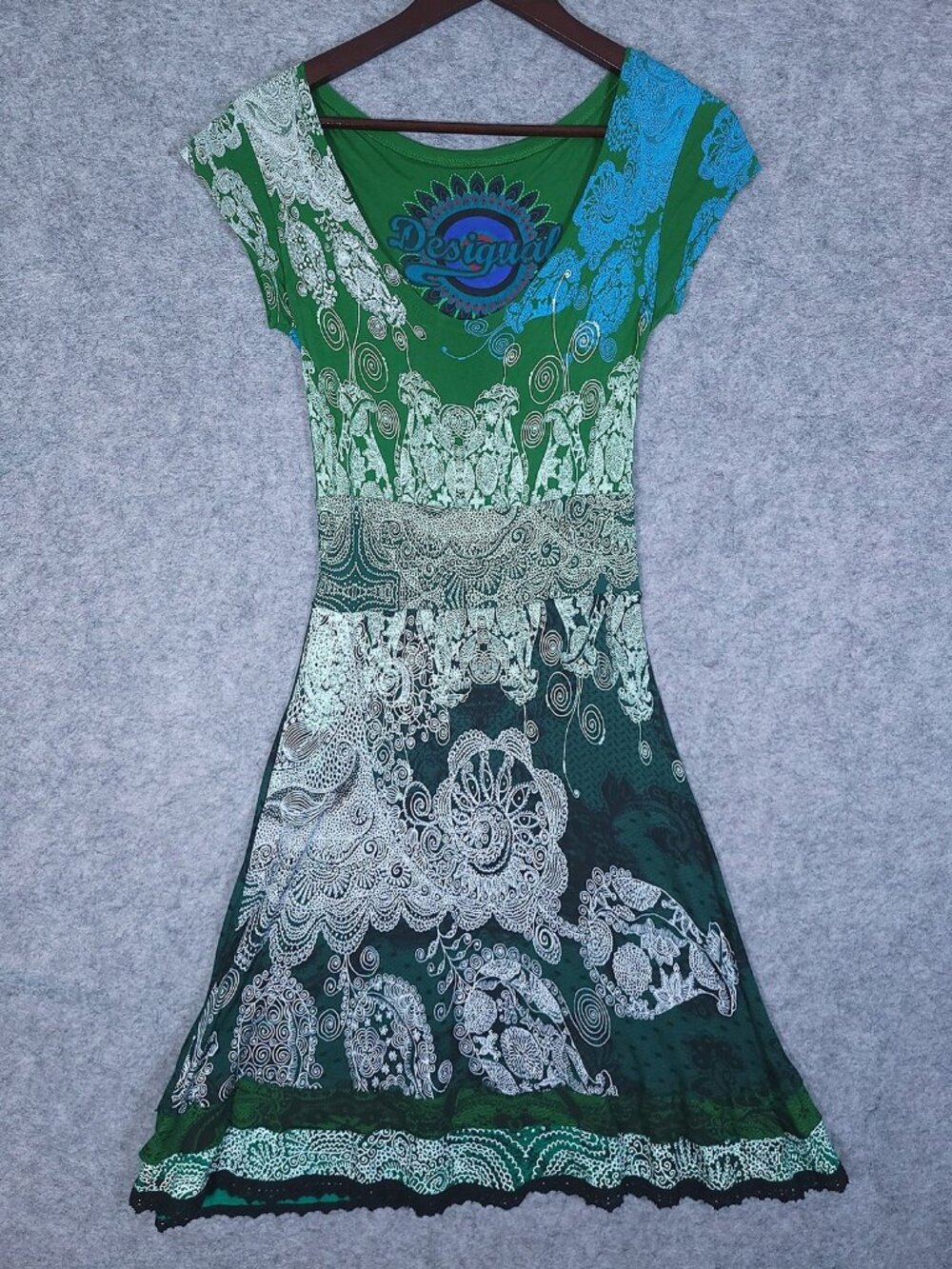 Desigual Small Green Paisley Mandala Dress Boho Art to Wear Y2K Lightweight